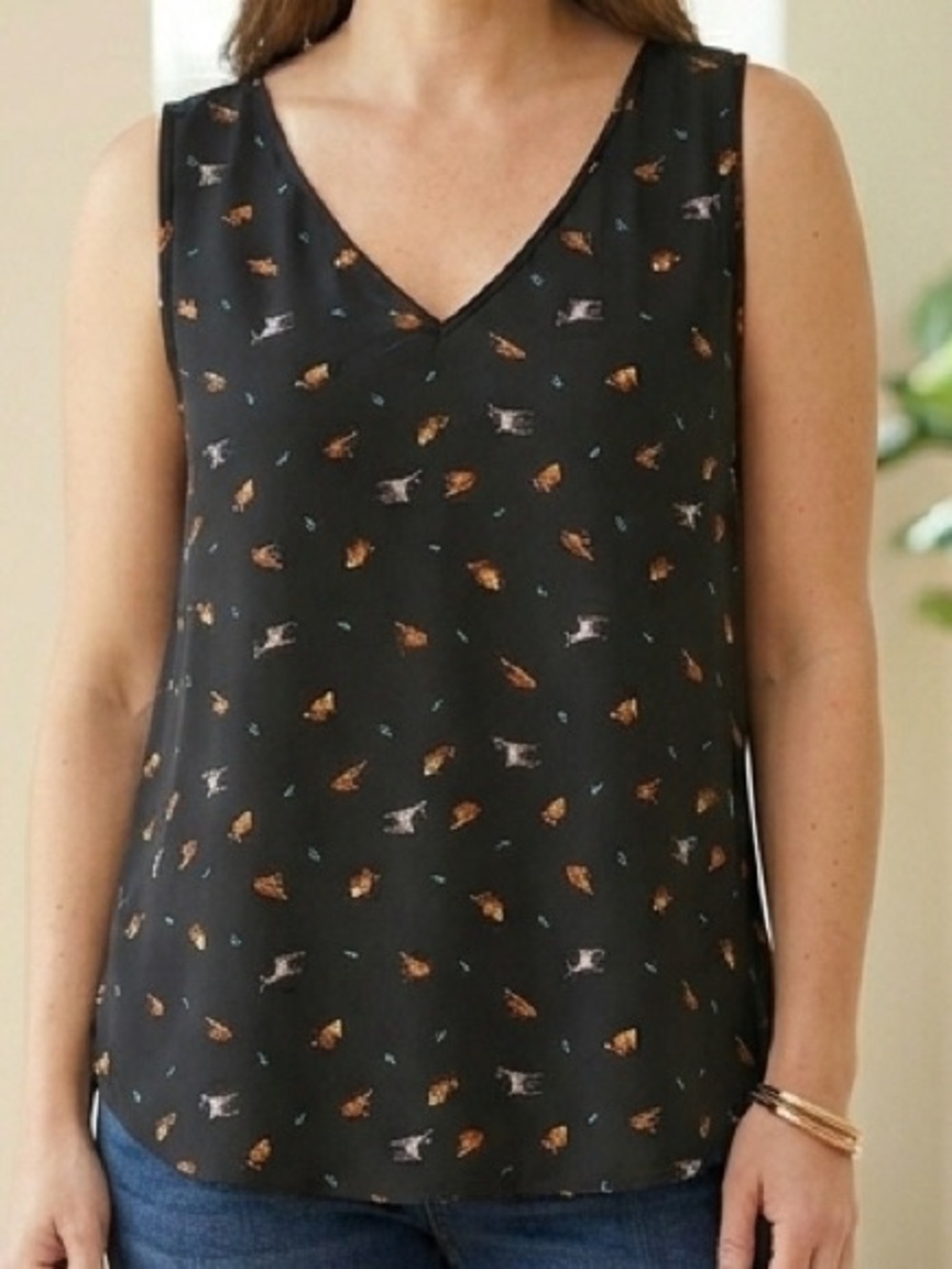 Maurices Black V-Neck Bird Deer Animal Print Sleeveless Blouse Tank Top Sz L EUC